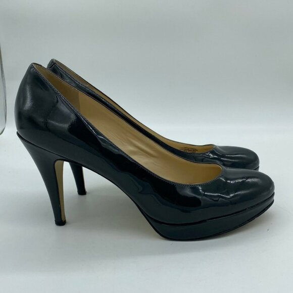 Enzo Angiolini Dixy High Heels Pumps Leather Patent Black Deep Blue Womens 8.5 - Picture 1 of 16